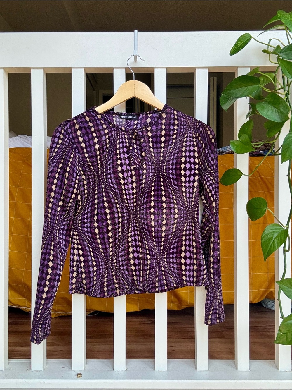 Mario Serrani Purple and Cream Geometric Print Long-Sleeve Top